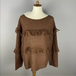 Lucky Brand $79 Brown Fringe Sweater Size L Wool Blend Open Knit Boho Pullover